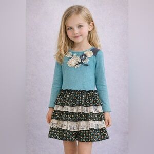 Little Mass Boutique Long Sleeves Tiered Skirt Girls Dress w/Lace and Rosettes 5